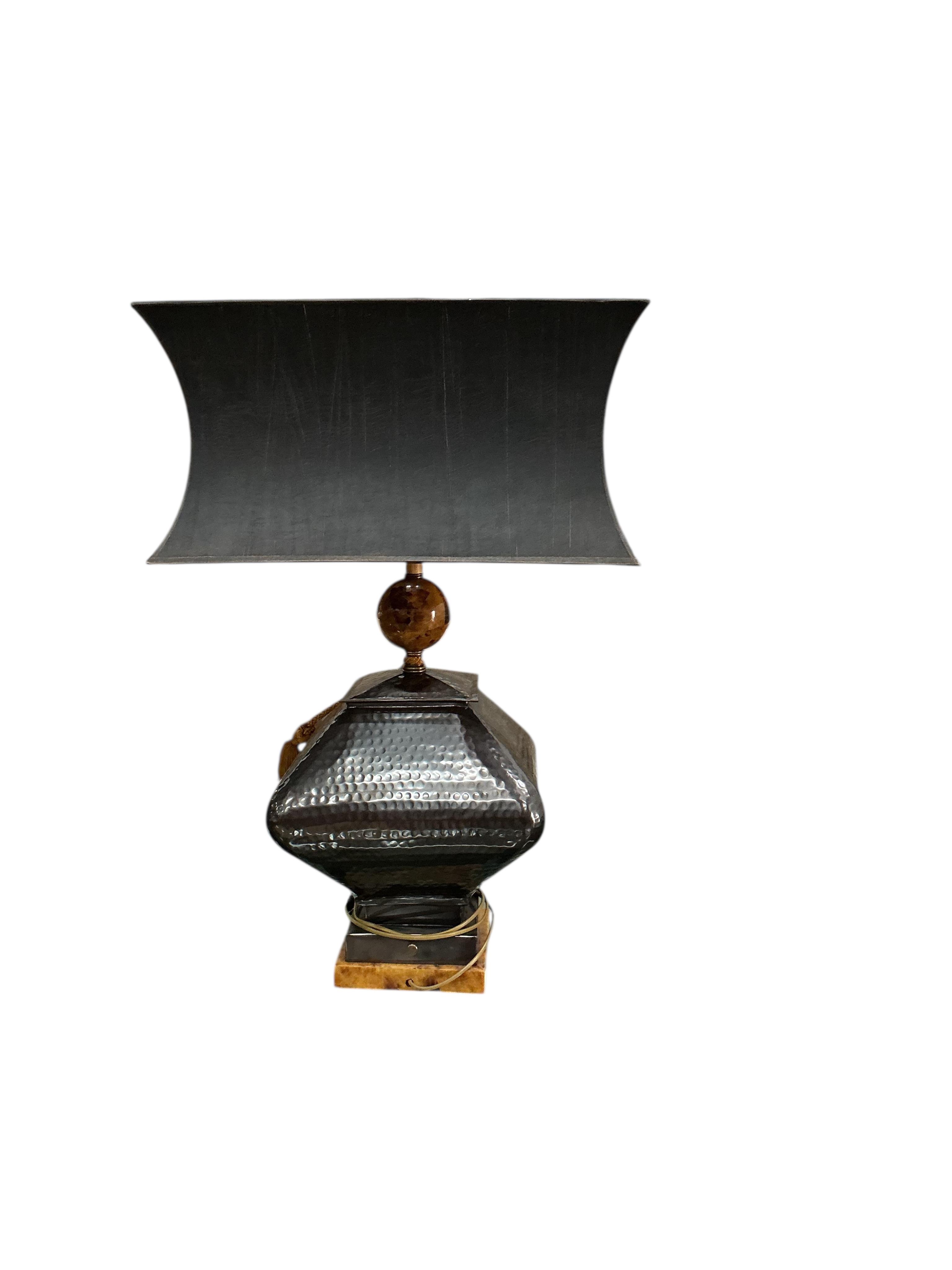 A pair of Contemporary hammered metal, faux marble table lamps with rectangular concave shades, height 86cm